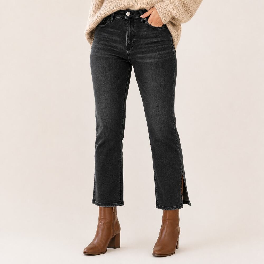 Hudson Holly Straight Jeans 29 Black High Rise Split Hem Ankle Dark Crop Edgy
